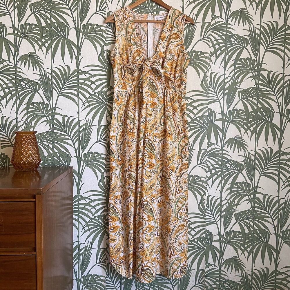 Chloe + Rene Tie V Neck Gold Green Paisley 100% Cotton Maxi Dress Size Small - Picture 10 of 10
